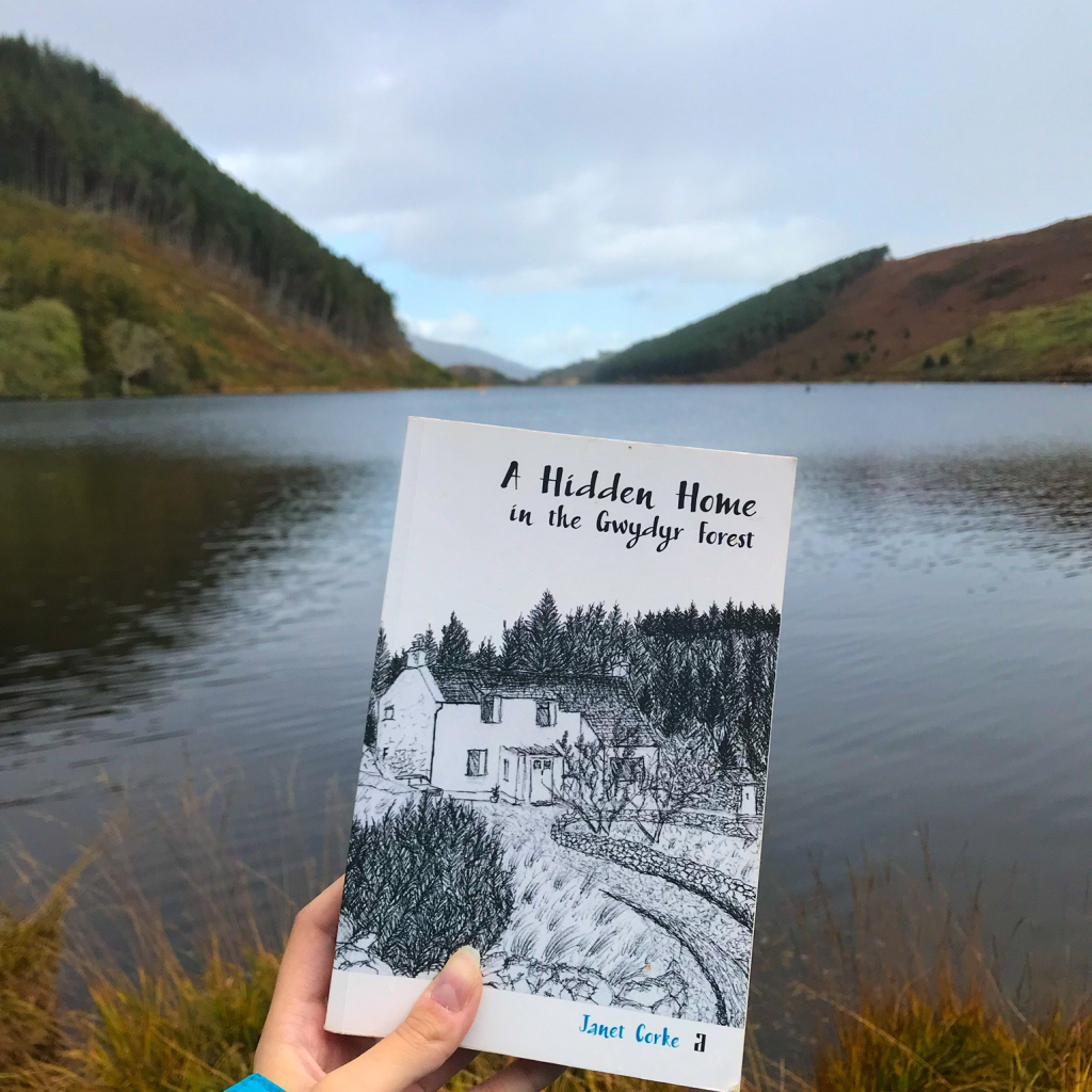 Image of the Hidden Home book being held in front of a lake in Gwydyr Forest